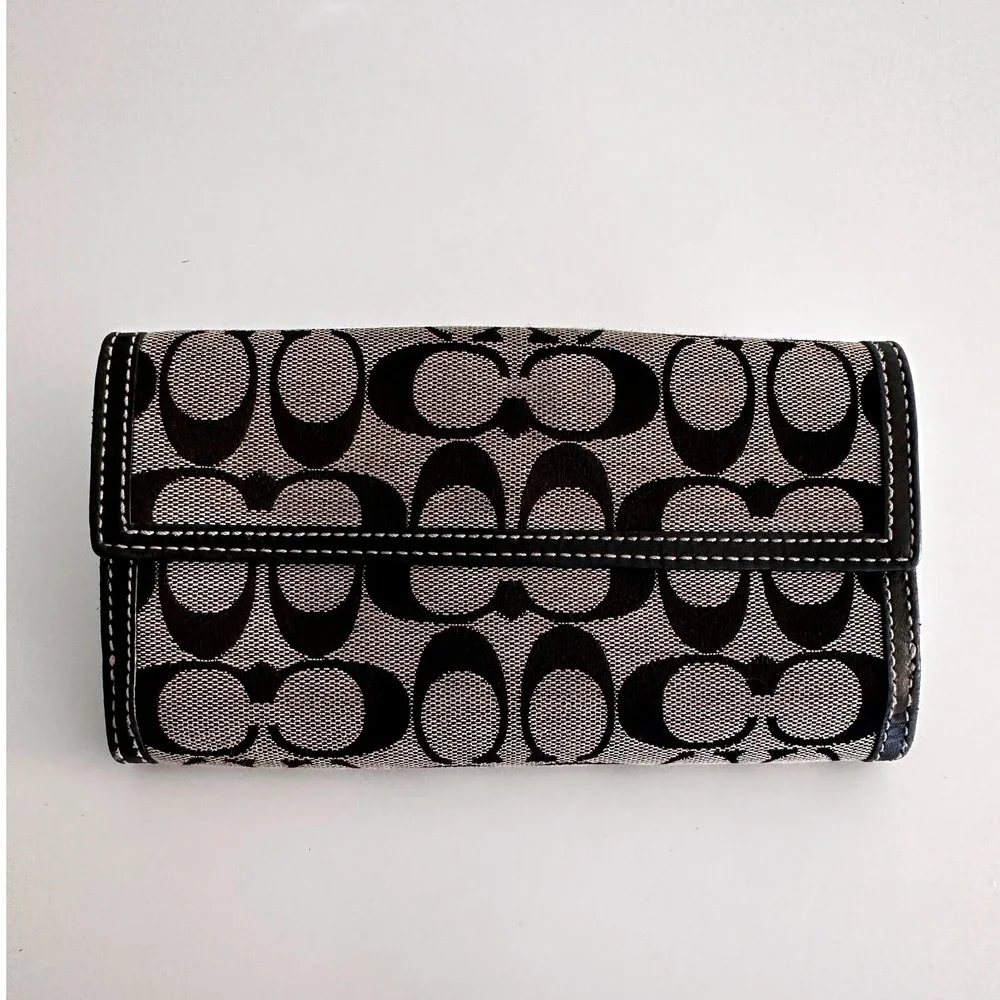 Coach Signature C Monogram Turnlock Trifold Long Wallet Black Canvas Leather Y2K